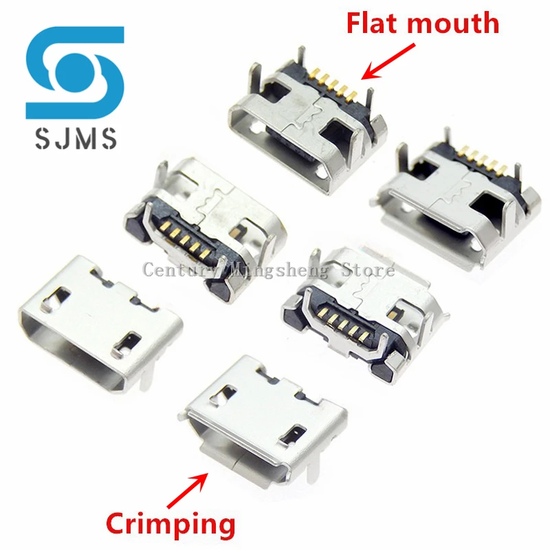 10PCS Micro USB 5pin no side Ox horn female usb socket Flat mouth four legs socket mini usb connector Crimping