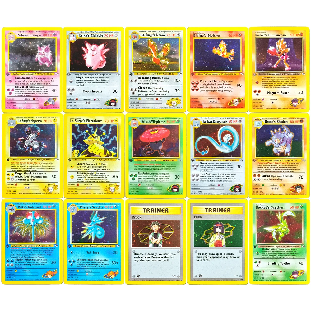Cartões pokémon diy ptcg academia heróis 1a edição sabrina gengar blaine moltres foguete scyther holo inglês jogo coleção cartão