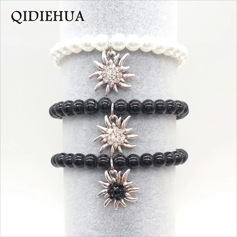 QIDIEHUA Fashion 6mm Glass Pearl Braceletl for Women Edelweiss Pendant Bracelets Multicolor Trend Gift Jewelry Wholesale