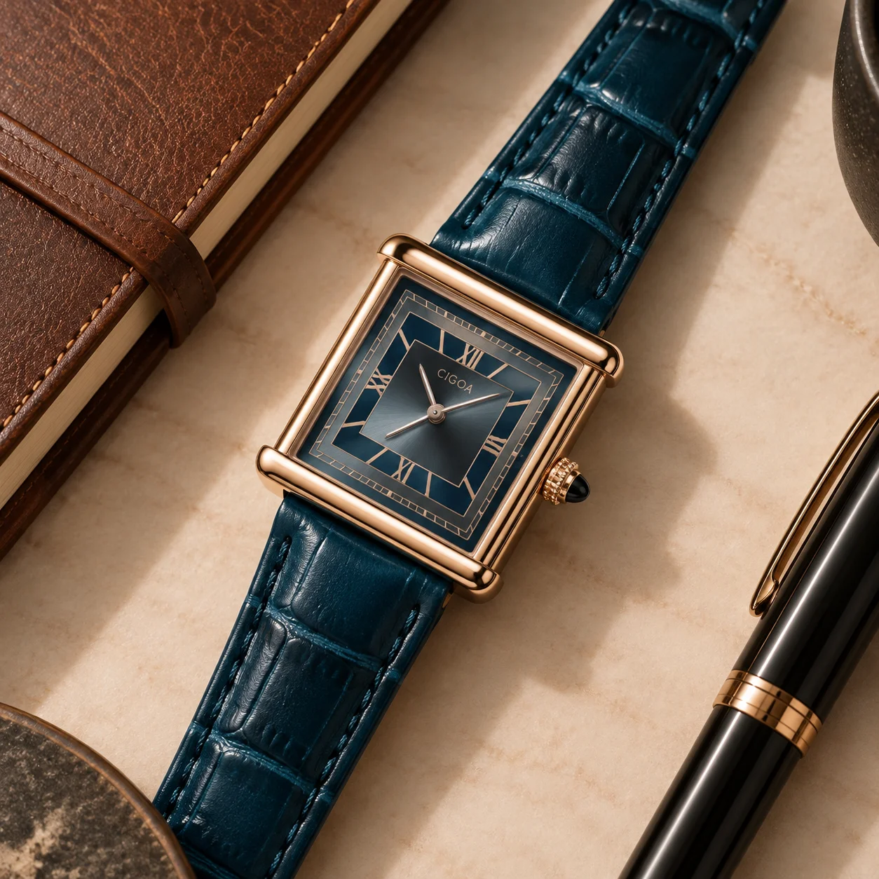 Men's Square Quartz Watch with Alloy Case 26mm Wide 8mm Thick Calendar Function at 6 O'clock Leather Strap 3ATM