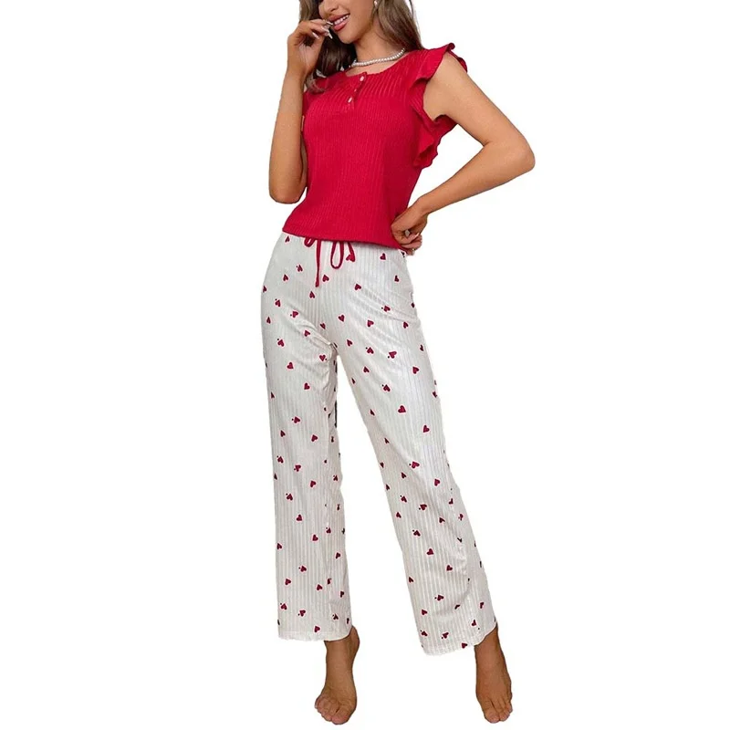 Pijamas con mangas voladoras pequeñas para mujer, conjuntos de pantalones con estampado de corazón, bordes con volantes, ropa de casa, 2 piezas, otoño