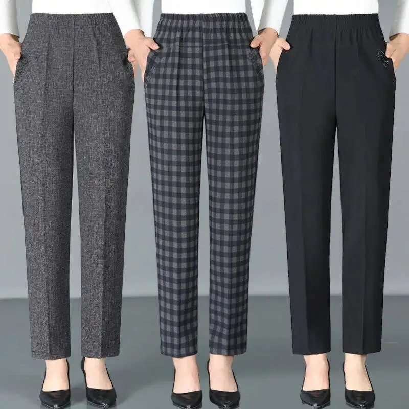 

Women Plaid Pants 2025 Spring Summer Middle-aged Lady Elastic High Waist Loose Casual Straight Pants Pocket Female Trousers