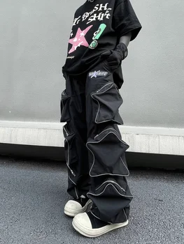 Y 2K Cargo Broek Mannen Vijf Puntige Ster Driedimensionale Multi Pocket Zwarte Broek Reflecterende Casual Rechte Pijpen Broek Streetwear