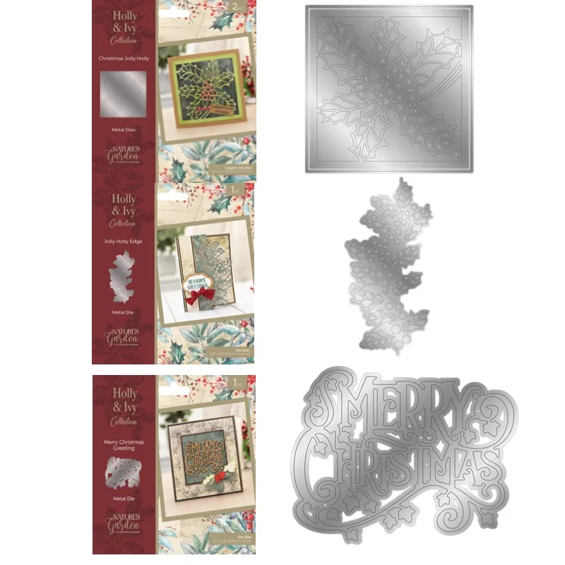 

Merry Christmasjolly Hollyjolly Holly Edgemetal Cutting Dies Stamps Scrapbooking Diary Decorationalbum Embossing 2024 New