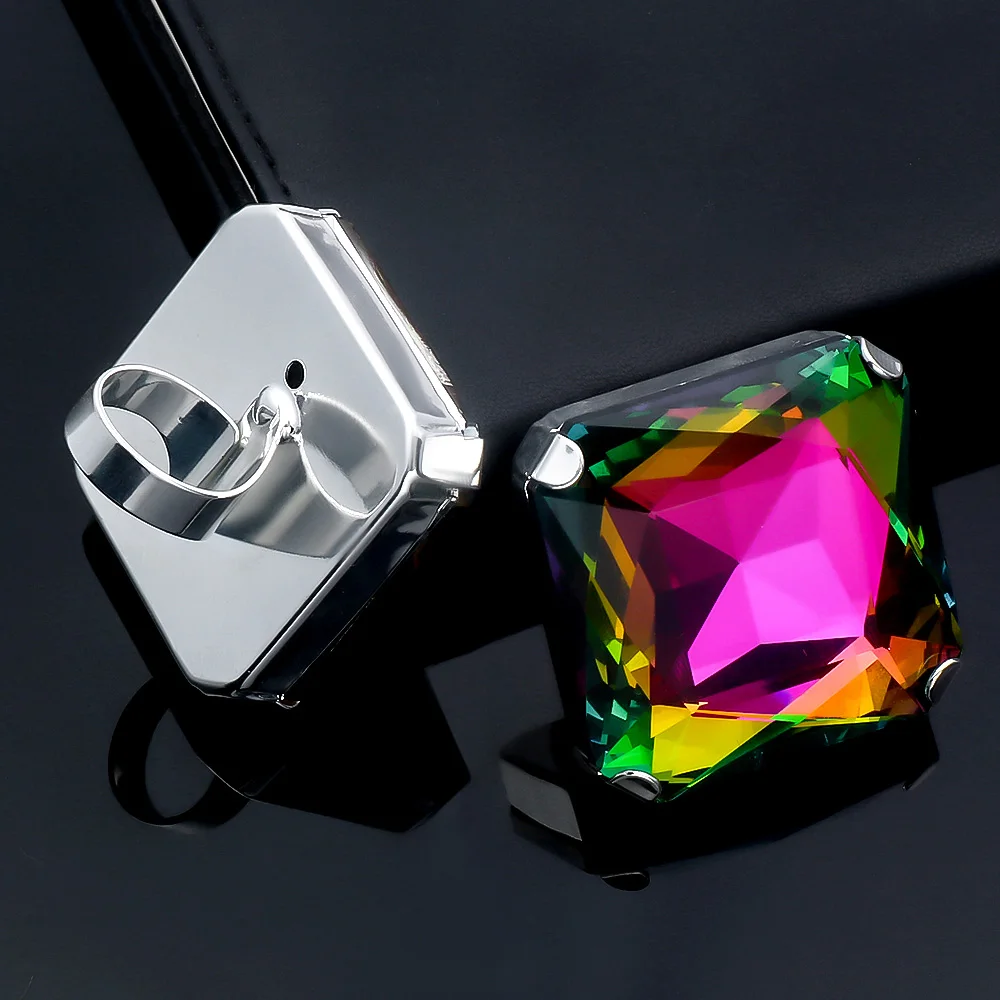 Stone Fans Giant Square Crystal Ring Statement AB Color Jewelry Champagne Ring Exaggerated Large Finger Jewelry for Women