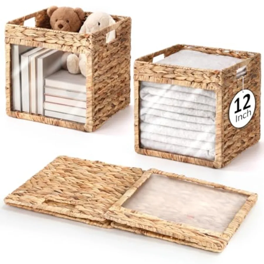 

2 Pcs Water Hyacinth Storage Baskets with Window 12 Inch Wicker Storage Basket Collapsible Cube Organizers for Bathroom, Bedroo