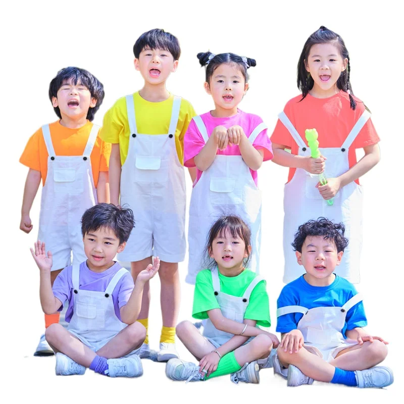 Hip Hop Kids White Overalls Suspender Shorts Girls Dungaree Children Candy Color Short T shirts Romper Boys Streetwear Pants