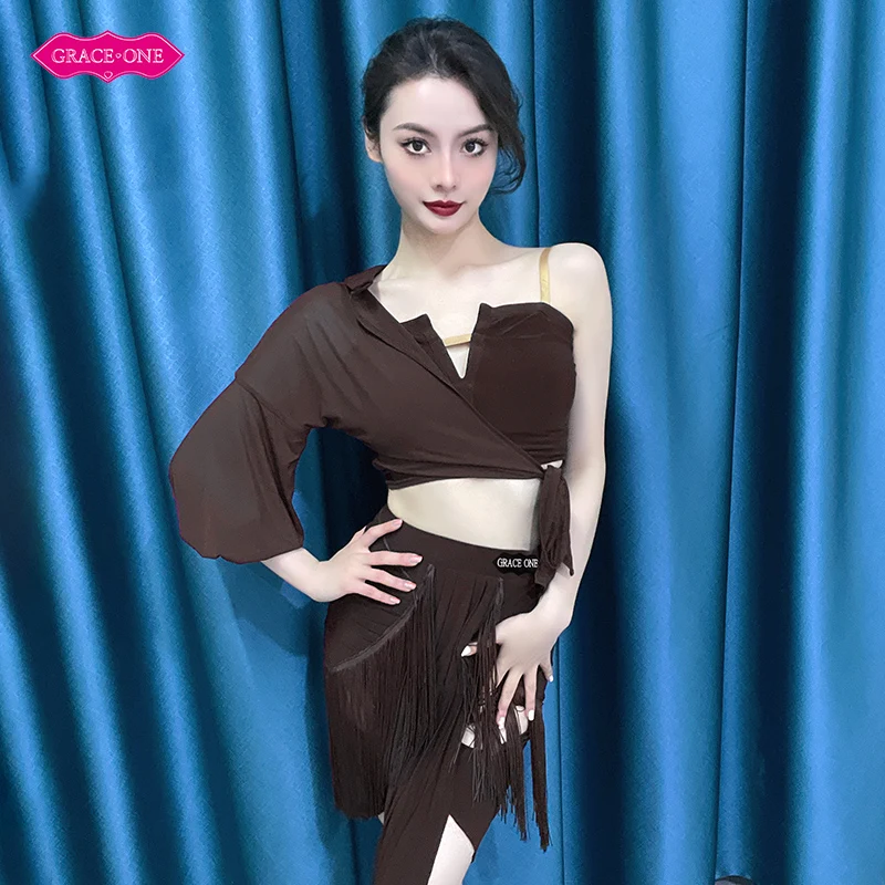 Vennystyle Latin Dance Dress with Fringe Skirt & Mesh Insert One Sleeve Spaghetti Strap V Neck Sash Ballroom dance costumes