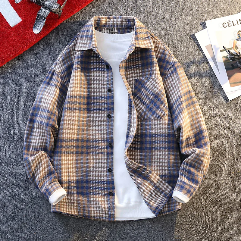 

Trendy Plaid Long Sleeve Shirt Men's Casual Style Spring 2025 New Fashionable Stand Collar Men's Outerwear Breathable Polyest...