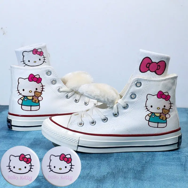 Anime Cartoon Kawaii Hello Kitty Canvas Shoes with Socks and Badge Low and High Top Sneakers for Boys and Girls Studends