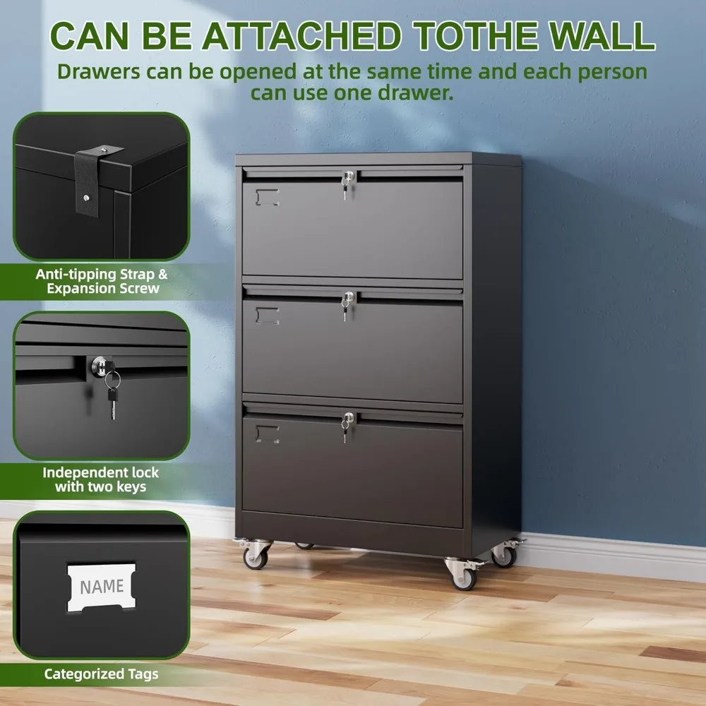 Lockable Metal Lateral File Cabinet with Wheels for Home Office, Legal/Letter Size, Black, Storage Solution