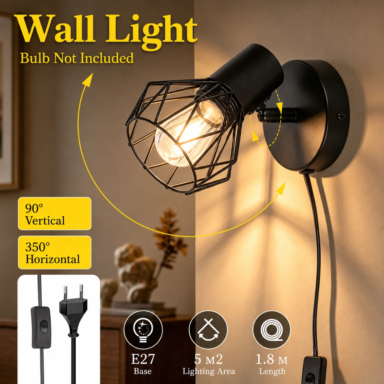 Bedside Wall Lamp Nordic wooden Base E27Led Wall light 180°Rotate Replaceable Light Bulb for Indoor  Bedroom Corridor Sconce