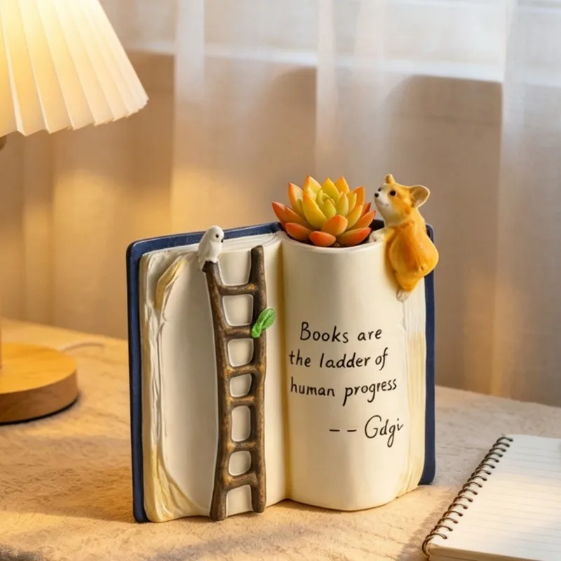 ABMH-Staircase Book Flower Pot Resin Book Stack Planter Cactus Pot Garden Decoration Desktop Decor(Without Plants)