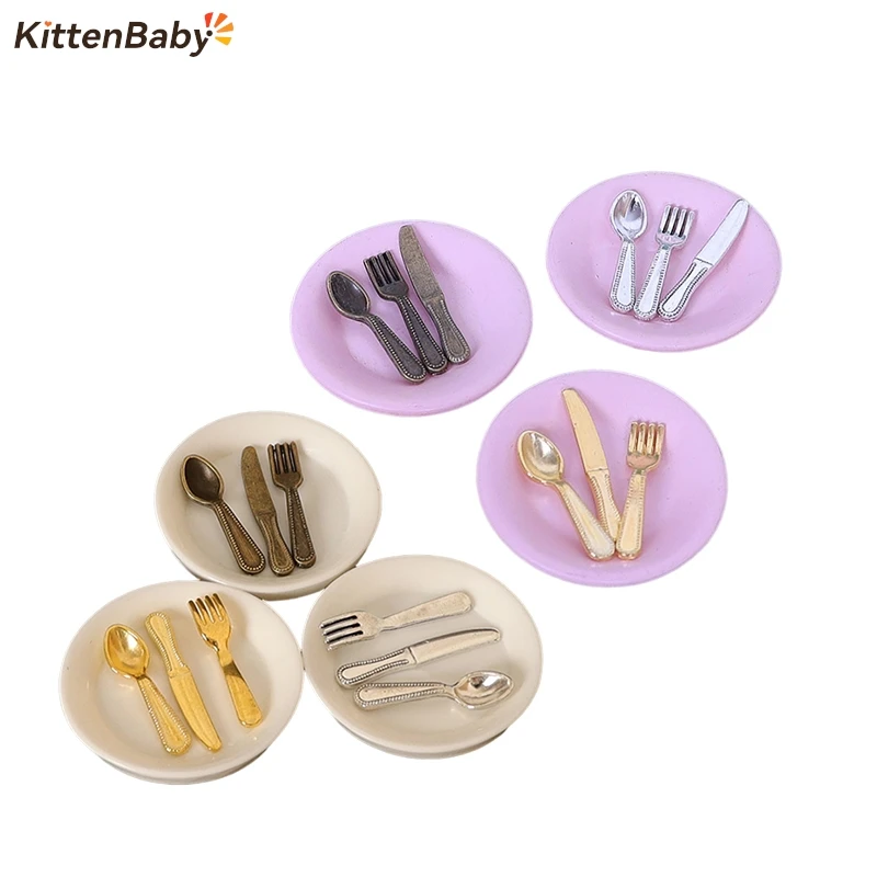 4Pcs/Set 1/12 Dollhouse Miniature Knife Fork Spoon Plate Dollhouse Kitchen Tableware Accessories Dolls House Decoration Toy