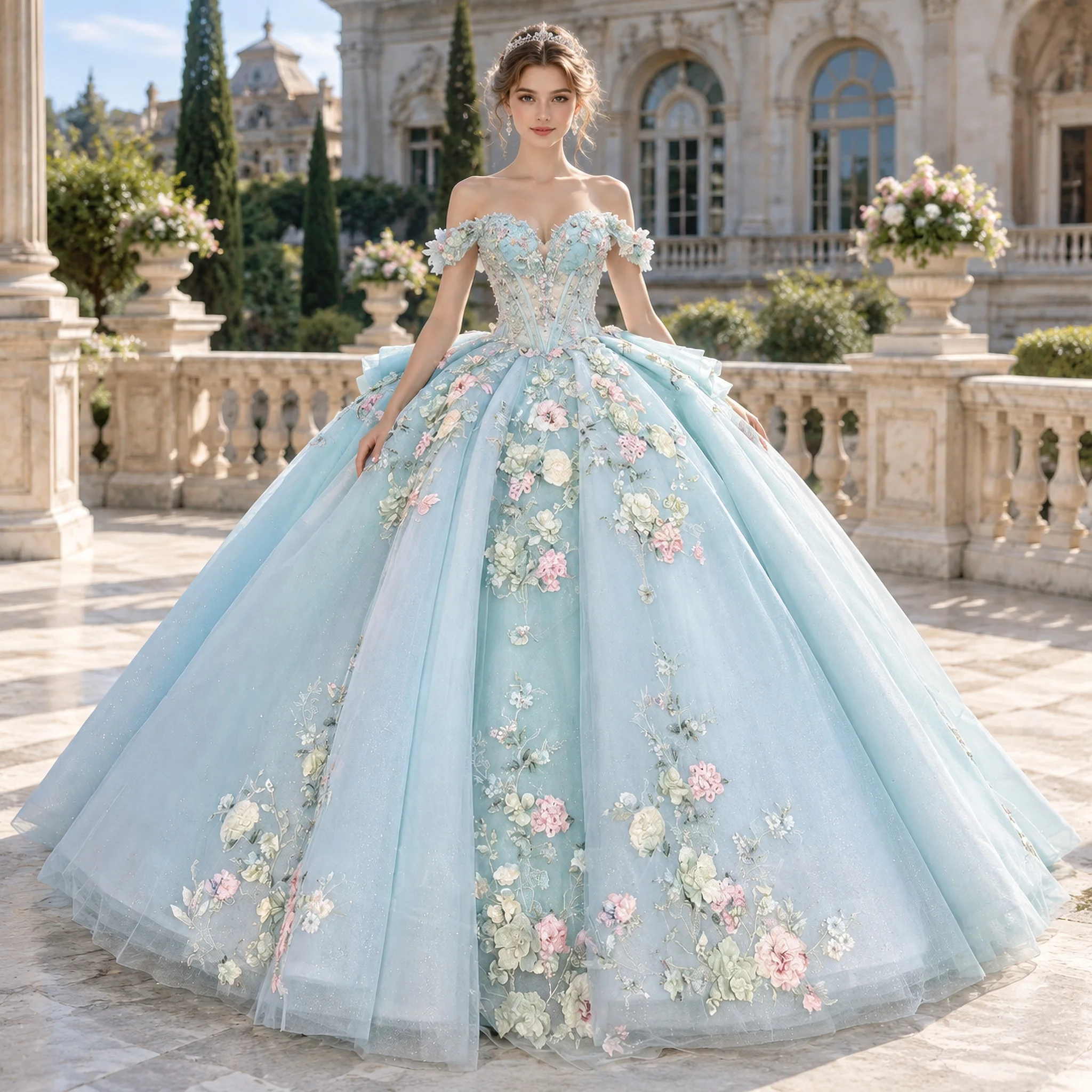 Quinceañera Dress Ice Blue Off Shoulder 3D Colorful Floral Applique Princess Ball Gown Vestido de Quinceañera