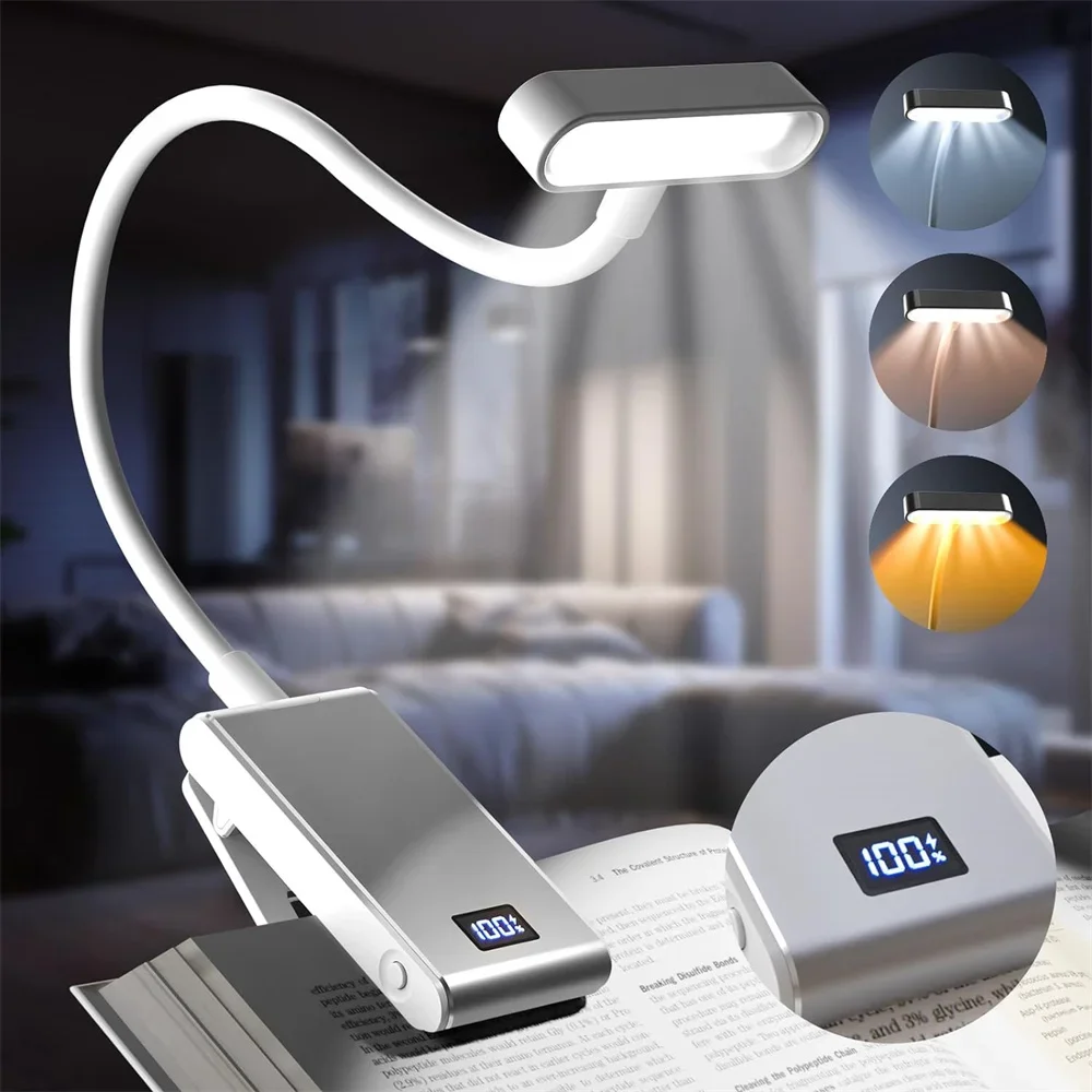 Aluminum Rechargeable Reading Light 3 colors 3 brightness Clip On Mini Book Light Small Read Night Lamp Study Reading Book Lamp