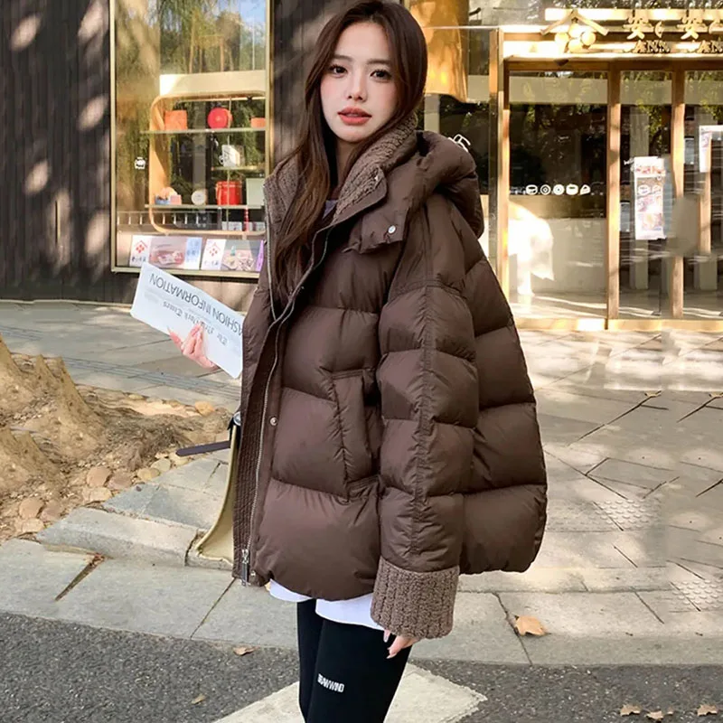 Coffee Color Down Cotton Jacket Womens Winter New Lamb Wool Collar Padded Coat Thicke Female Detachable Hooded Parker Outerwear