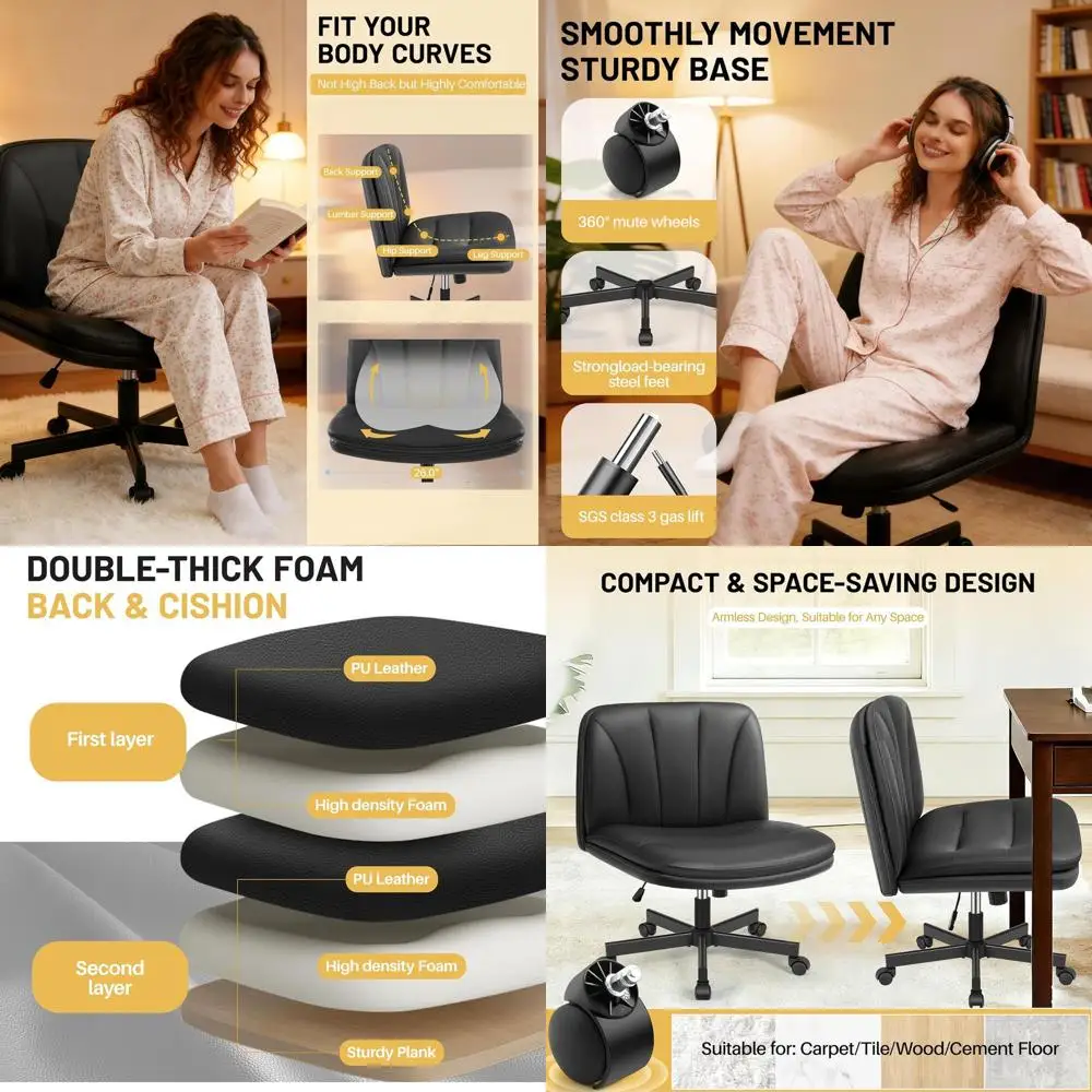 

Black Leather Swivel Office Chair with Wheels, Ergonomic Desk Chair for Home and Small Spaces