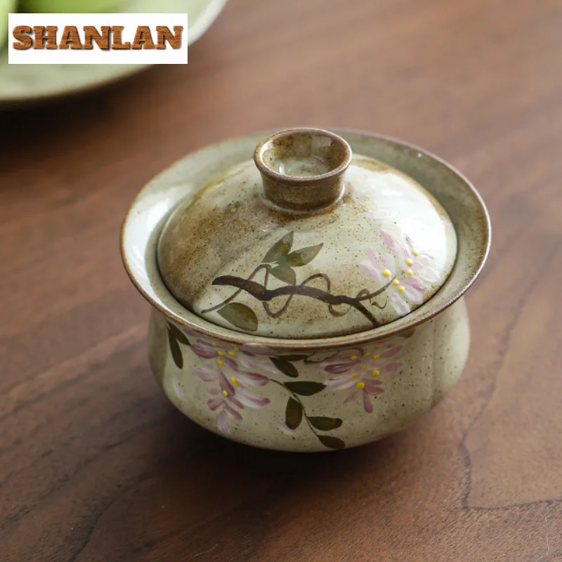 Hand-painted Wisteria Flower Two Talents Gaiwan Traditional Tea Tureen Tea Bowl With Lid Kit Tea Maker Cover Bowl Teaware Craft
