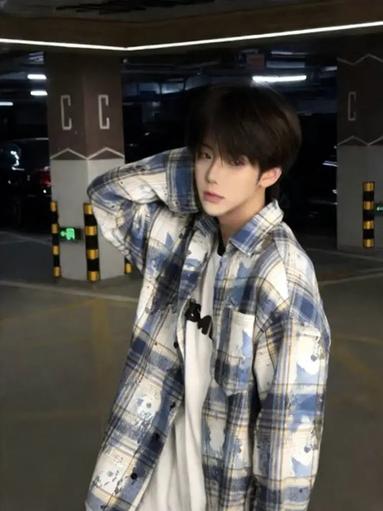 Purple Water-Mark Tie-Dye Plaid Men's Long Sve irt Spring Faionable Loose Fit Cardigan Coat Youthful Vitali Sle