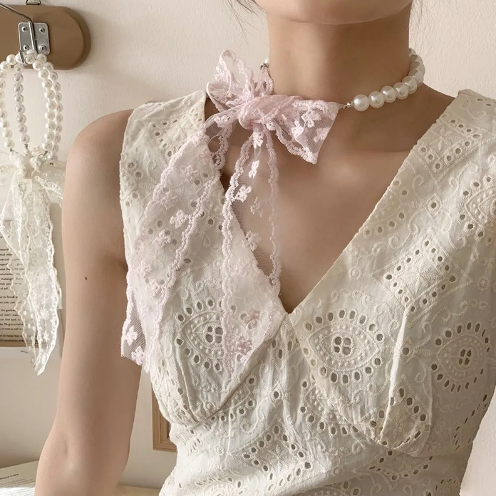 

Fashion Lace Up Pearl Choker Bow Tie Neck Protection Lace Scarves Hair Ties Ribbons Ribbons Necklaces Ladies