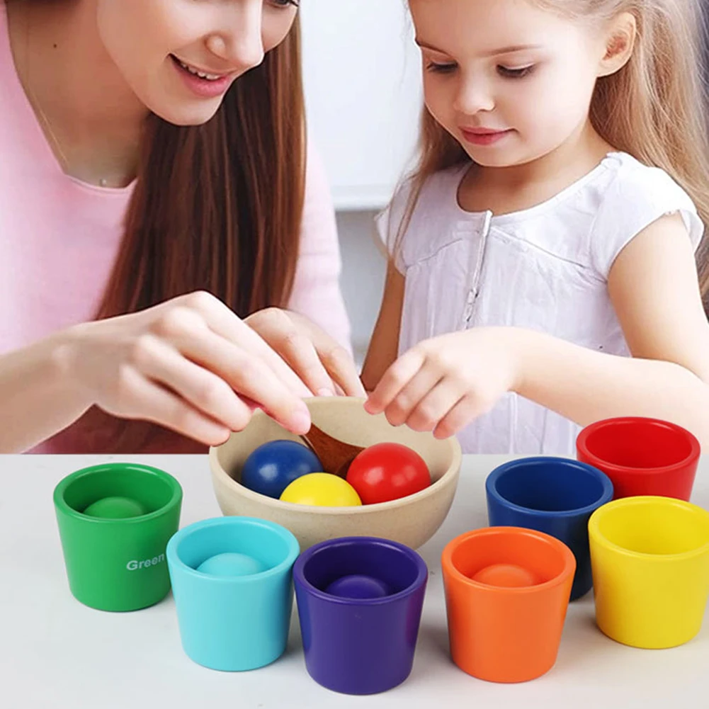 Bolas de arcoíris en tazas, juguete de clasificación de colores de madera, bolas grandes en tazas de 1,57 pulgadas, juguete de 7 pelotas para niños de más de 2 años, para niños pequeños y bebés