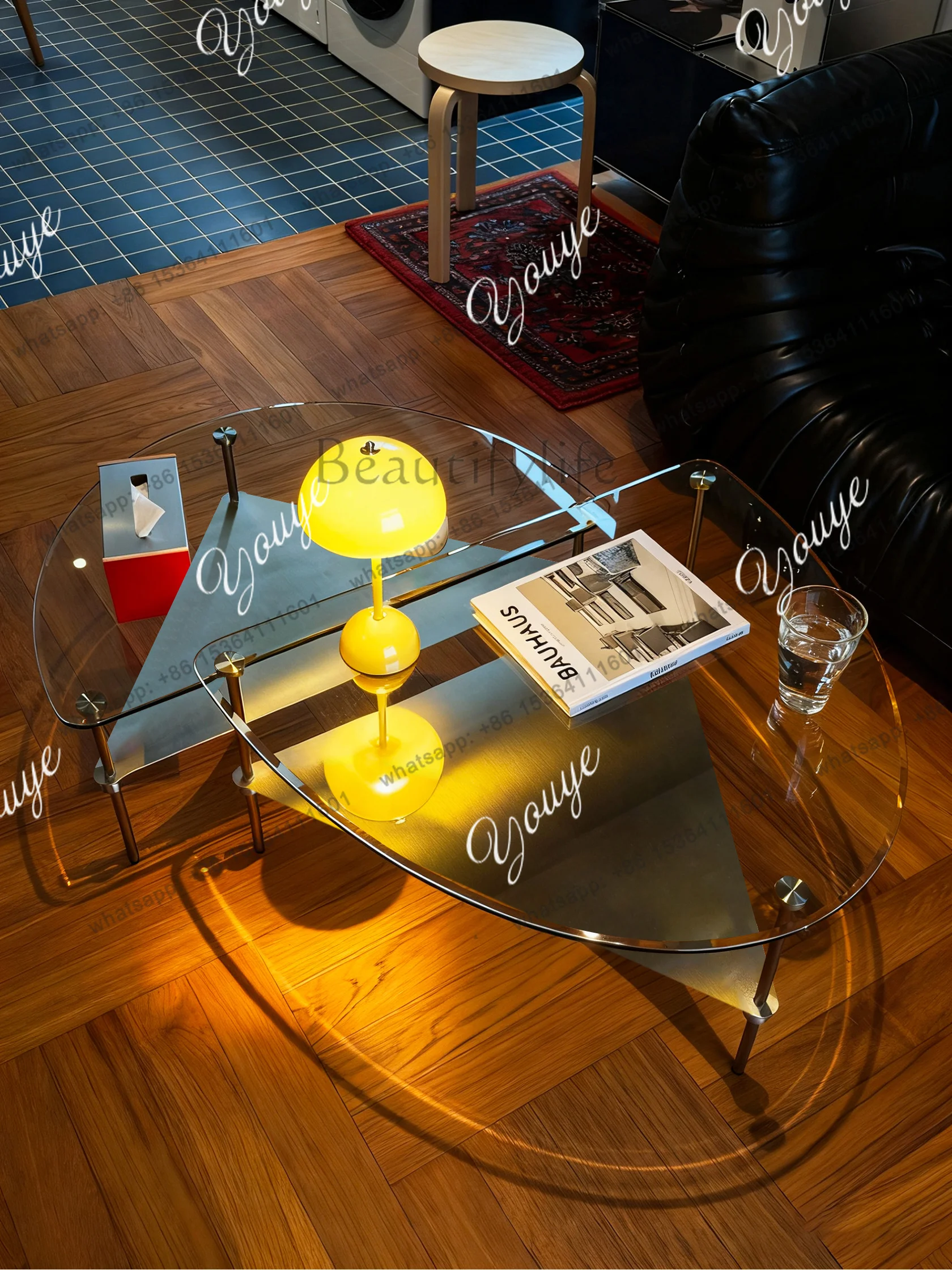 YJ  Bauhaus coffee table module combination tempered glass small apartment living room oval stainless steel second-hand creativ
