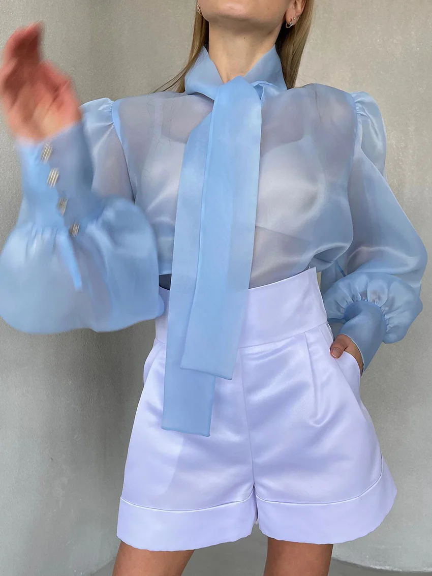 Femmes voir à travers la chemise Blouse manches bouffantes nœud à lacets col élégant doux Chic en mousseline de soie décontracté Streetwear Blouse haut 2025