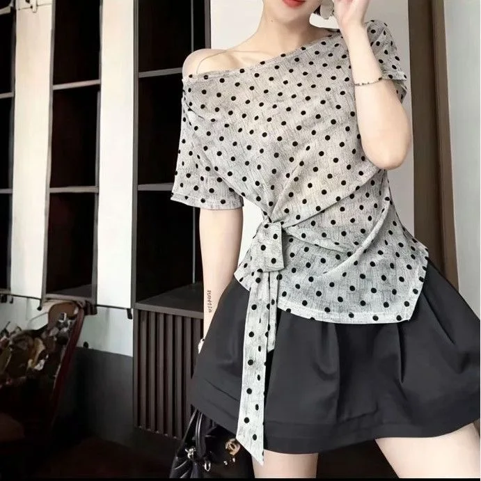Korean Polka Dot Asymmetrical Shoulder Bared Short Sleeve T Shirt Women plus Size Summer Big Code Tie Waist Slim Fit Top