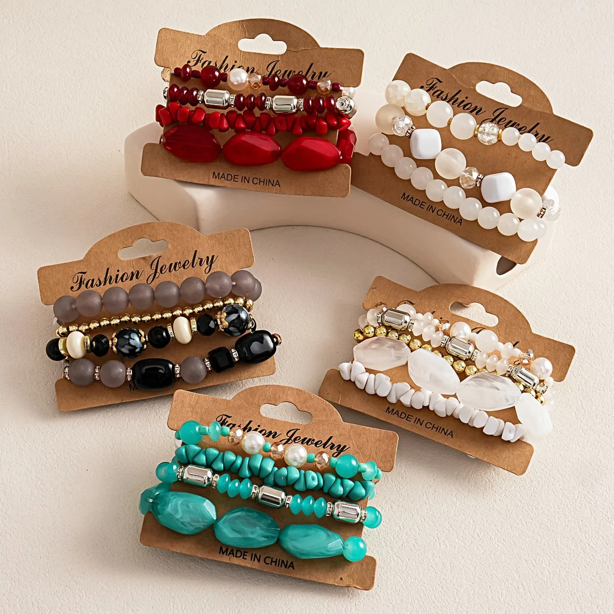 4 Pieces Vintage Acrylic Glass Irregular Tie-Dye Beaded Bracelet Set Retro Women's Jewelry Gift