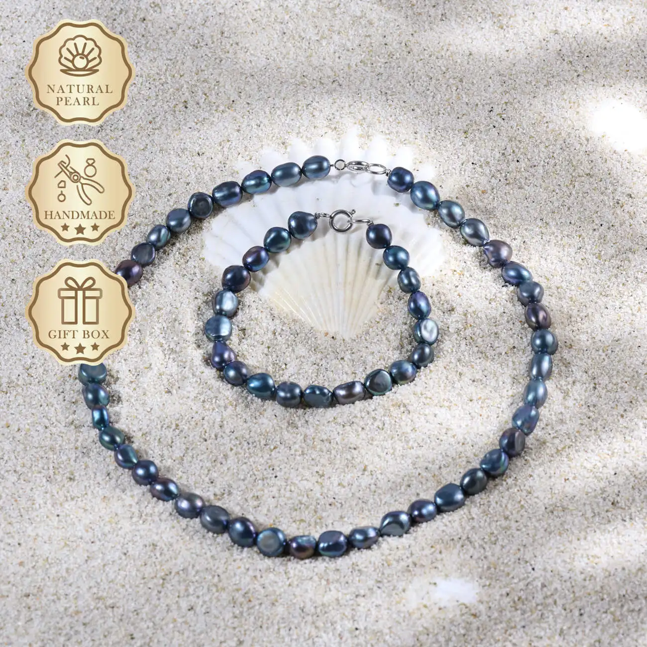 

MYSOYA Natural Dark Baroque Freshwater Pearl Bracelet & Necklace Set, 7–8mm Pearls, Gift Box, Perfect Birthday Gift