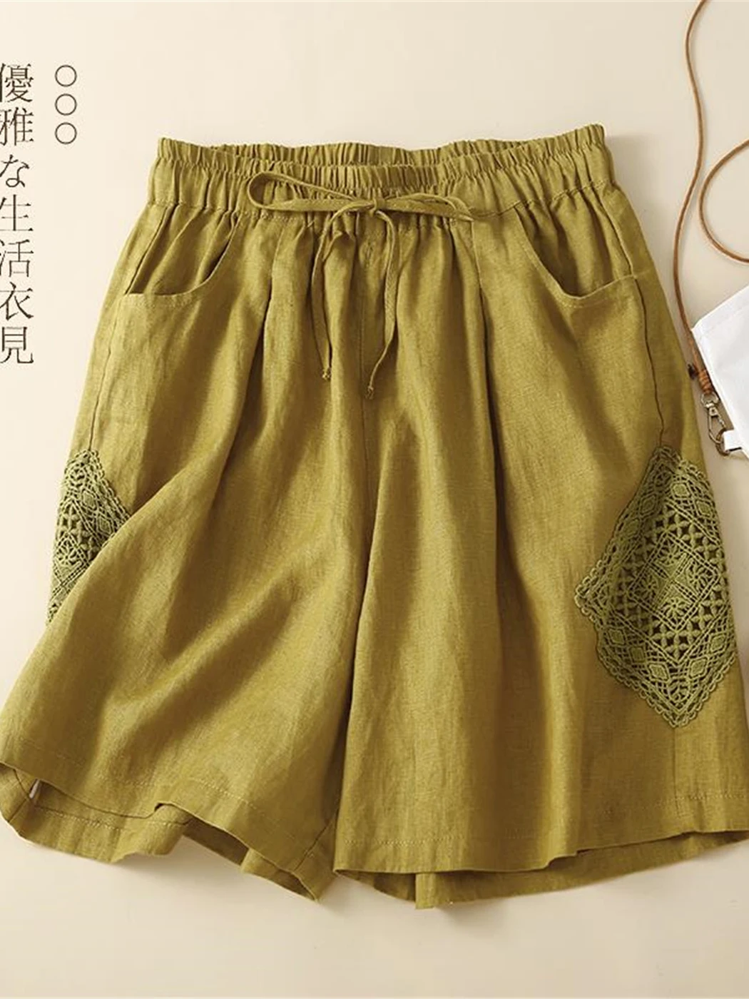 

Retro Cotton Linen Belted Casual Women's Shorts High Waist Wide Leg Pants Summer Leisure Four Pocket Flat Pattern Design
