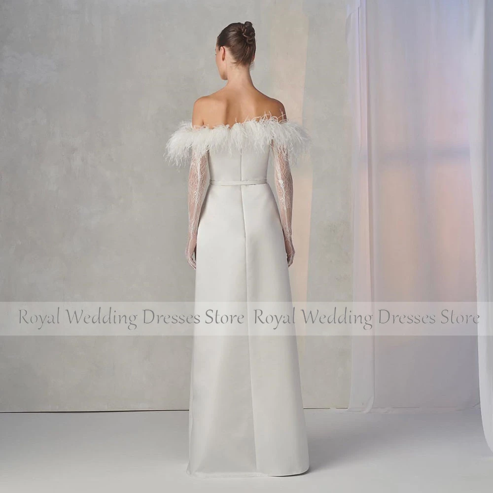 Off The Shoulder Satin Wedding Dress For Women Sheath Wedding Gowns for Brides Feather Bridal Gown With Lace Gloves
