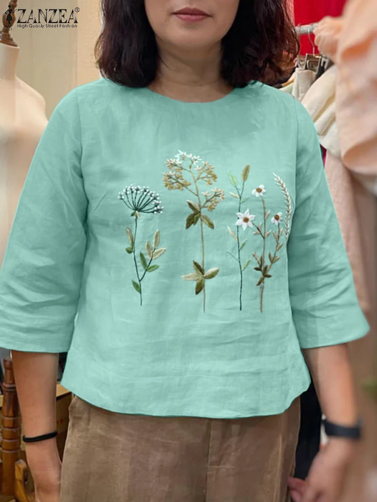 

ZANZEA Summer Vintage Embroidered Shirt 2025 Women Tunic Blouse Casual 3/4 Sleeve O-Neck Blusas Floral Tops Reteo Woman Chemise