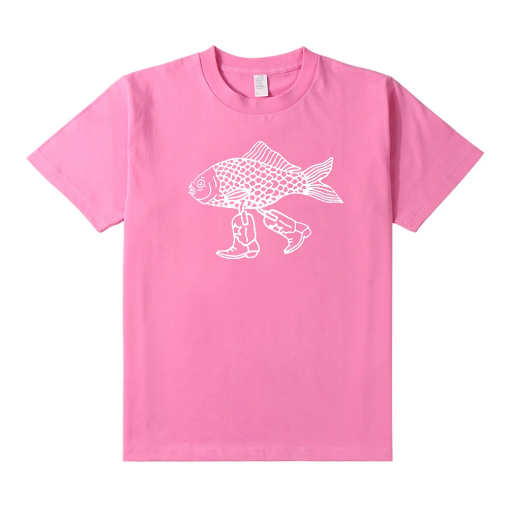 Walking Fish Printing Graphic Funny Tees Women Short Sleeve Loose Cotton Casual T Shirts White Summer Fashion Aesthetic Shirts