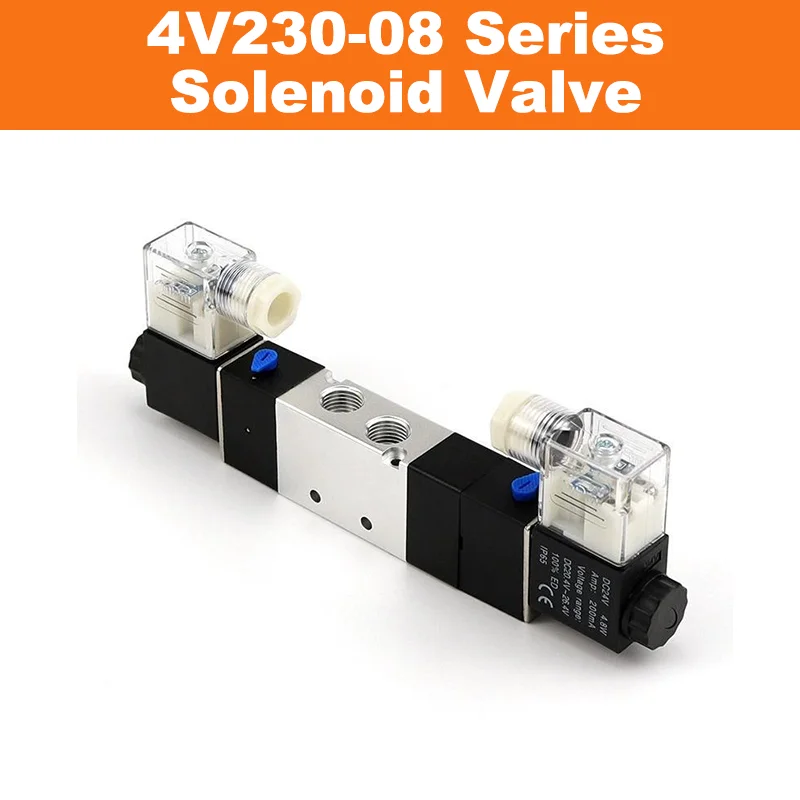 4V230-08 3-Position 5-Port Double Solenoid Middle-Blocked Directional Control Valve Center Closed/Center Exhaust AC220V DC12/24V