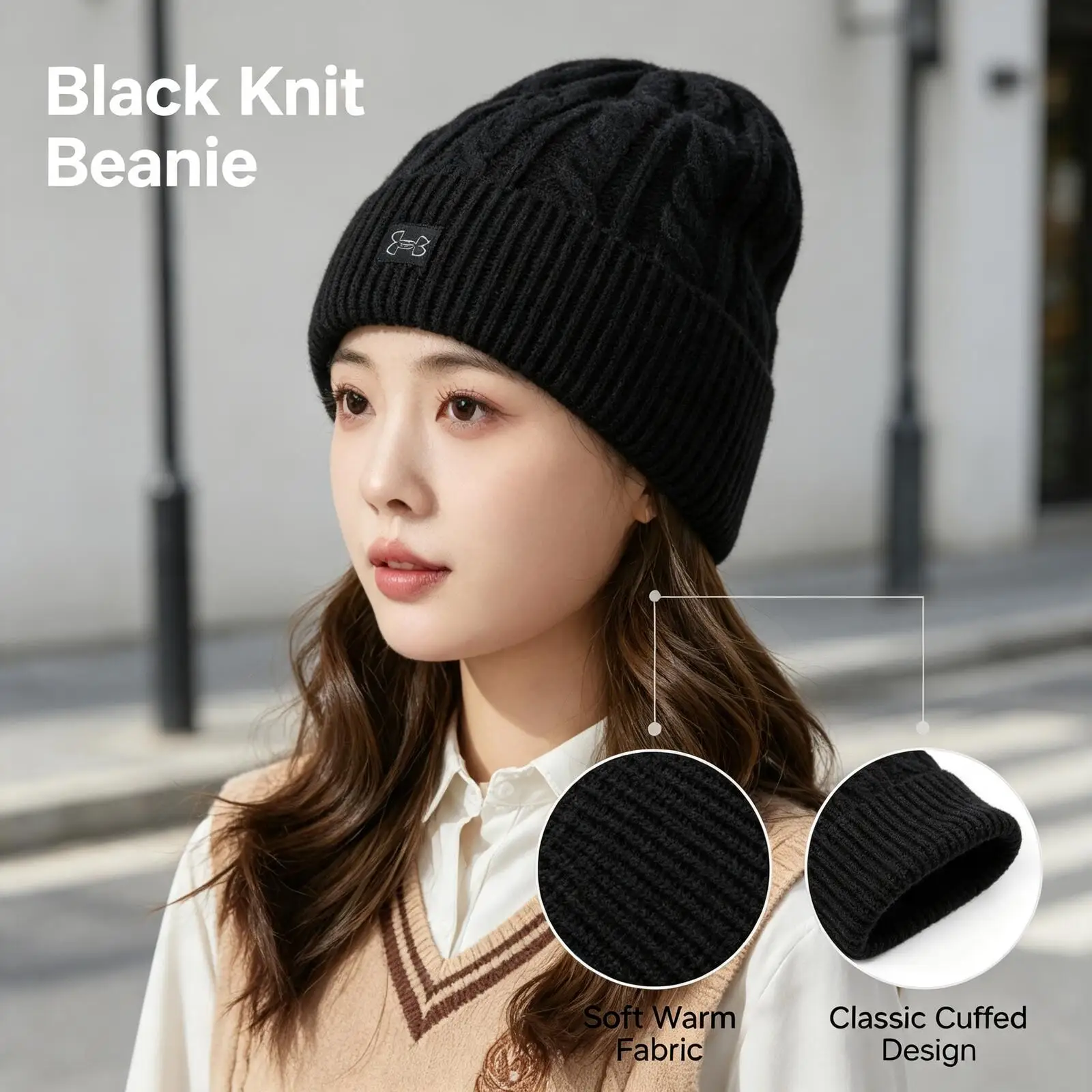 Under New Armour Black Knit Beanie Hat Soft Stretchy Warm Cuffed Winter Cap for Everyday Outdoor Casual Streetwear