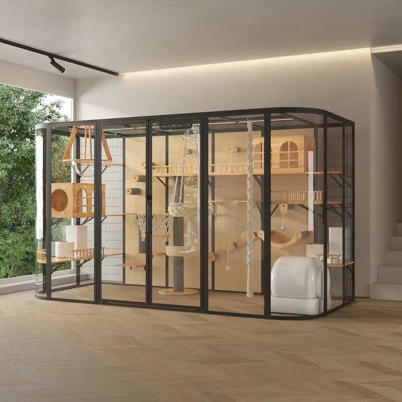 Custom Cat Condo with Locking Wheels Premium Rubber Wood Platforms Tempered Glass Walls Safe Retreat