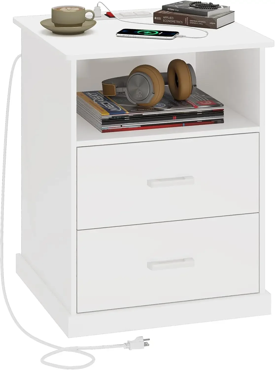 Night Stand with Charging Station, Large Nightstand with Storage Drawers and Open , White Bedside Side End Table for