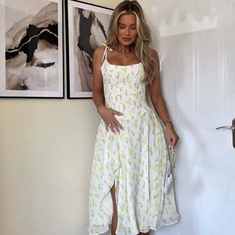 2025 Holiday Yellow Print Sling Midi Summer Dresses Women Sexy O Neck Hem Slits A-line Dress Chic Lady Robe Boho Beach Vestidos