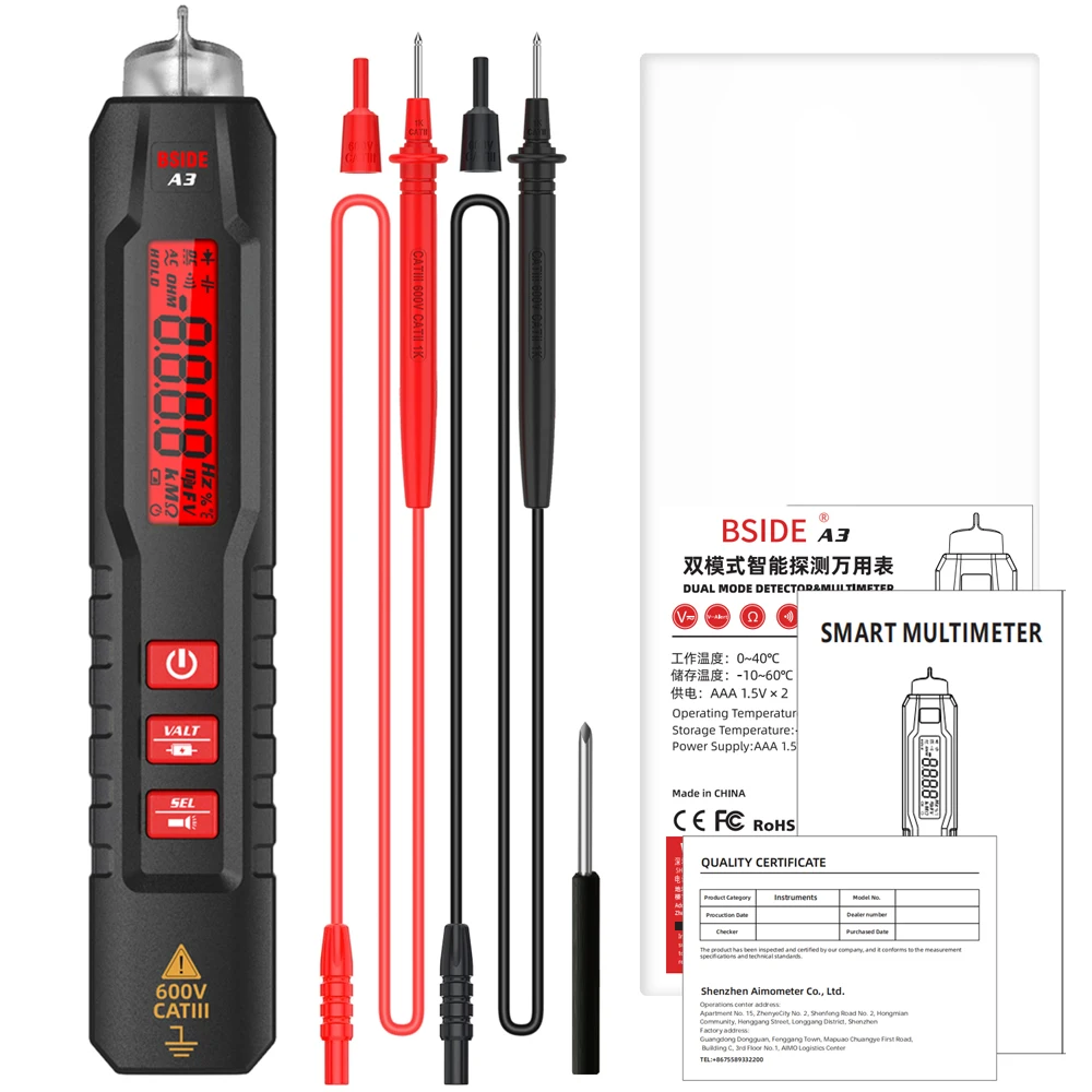 BSIDE A1 Slimme digitale multimeter Elektrische tester Zakspanningstester 3 soorten display Automatisch bereik Contactloze spanningsdetectie