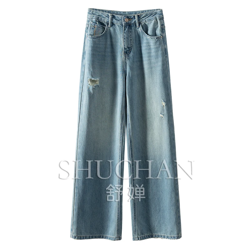 100% Cotton High Waist Straight Wide Legs 100% Cotton Denim Trousers Women Jeans  Pantalones De Mujer