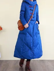 Fashion Retro Long Down Jacket Winter High Quality Hooded Printing Stitching Thickened Loose A-Line White Duck Downs Coat Women