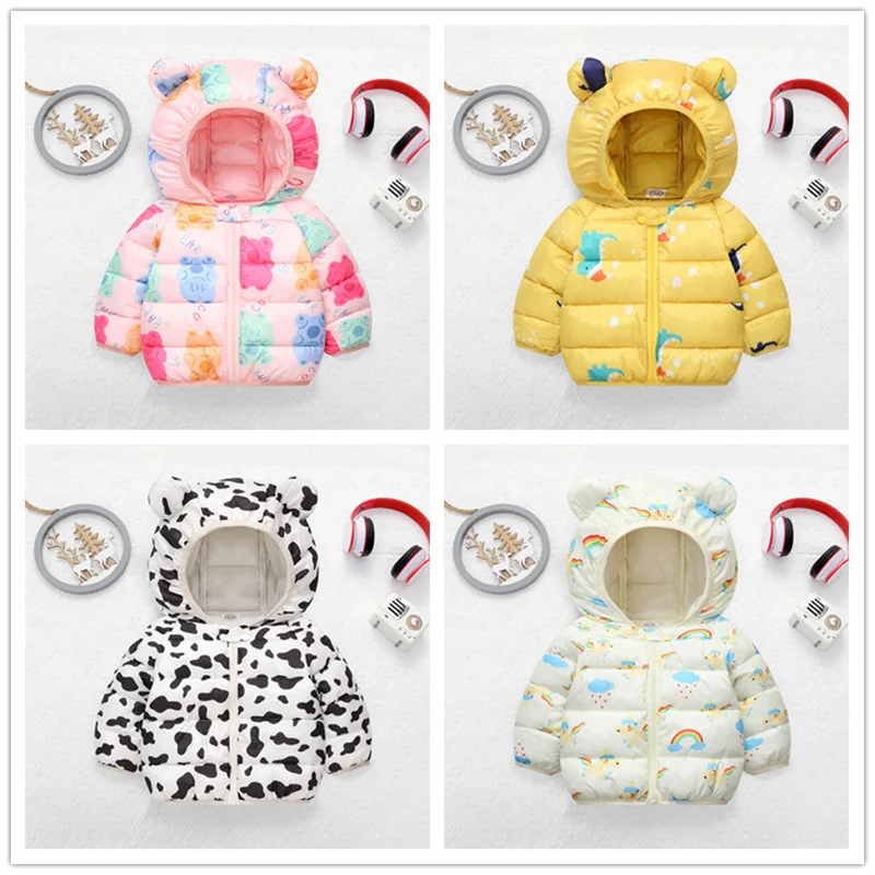 Kids Cartoon Down Coat Baby New Warm Cotton Jacket Boys Girls Plus Velvet Overcoat Children Hooded Outerwear Coldproof Snowsuit