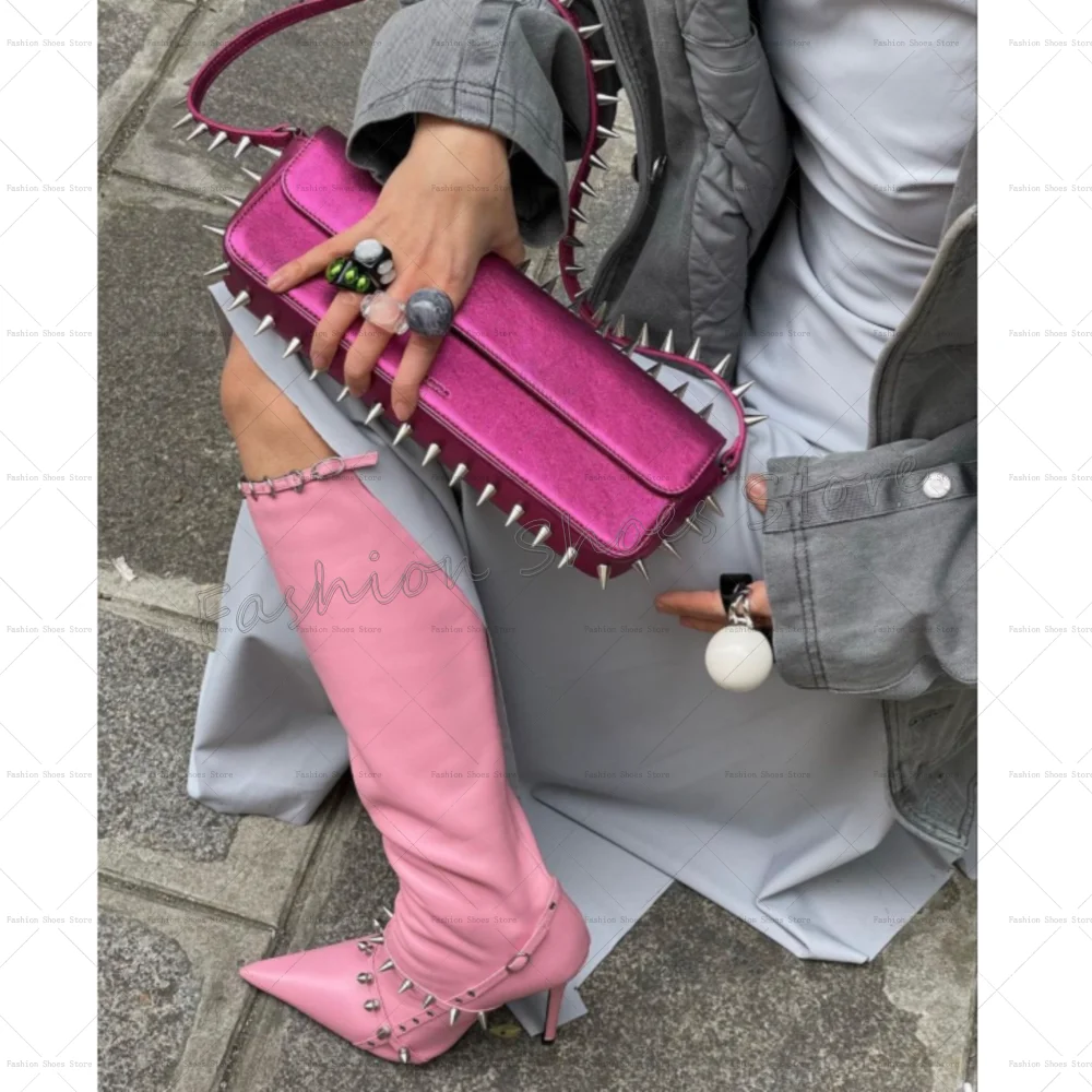 

Pink Rivets Decor Side Zipper Boots Pointed Toe Women Shoes Stilettos High Heels Party Banquet Dating 2025 Zapatos Para Mujere
