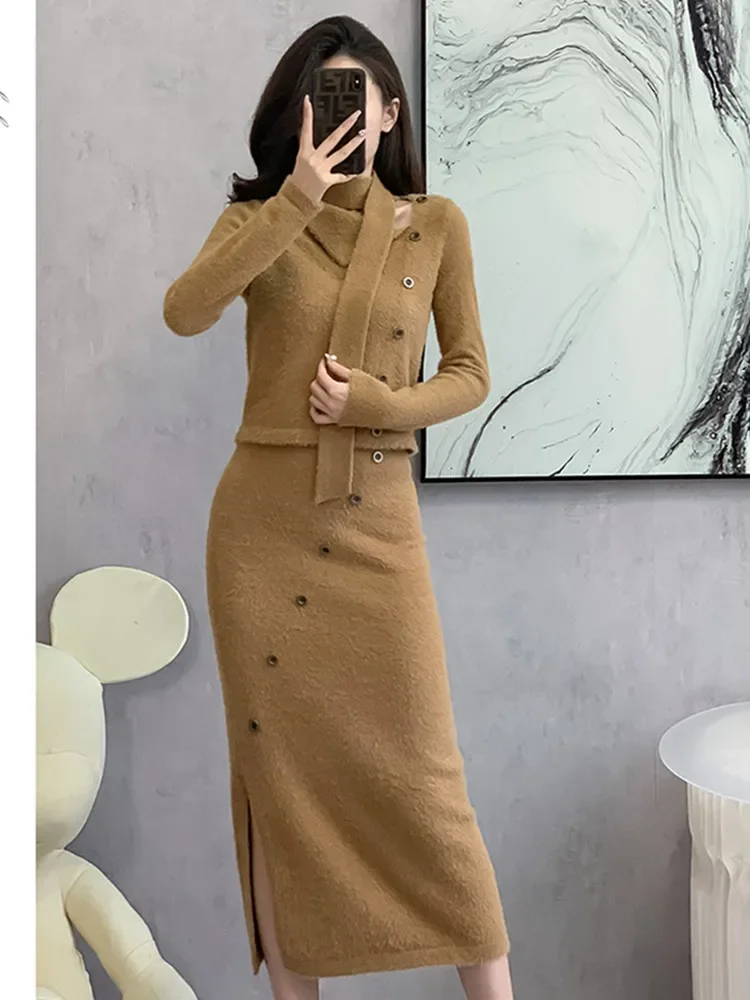 New Elegant 2 Piece Sets Women Outfit Knitted Office Lady Fashion Skew Collar Pullover Sweater Tops + Long Skirt Women\'s Suit