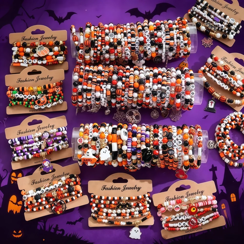 10/20/30Pcs/Lot Fashion Classic Halloween Stretch Beaded Bracelets For Men Women Mix Style Jewelry Trick Or Treat Party Gifts