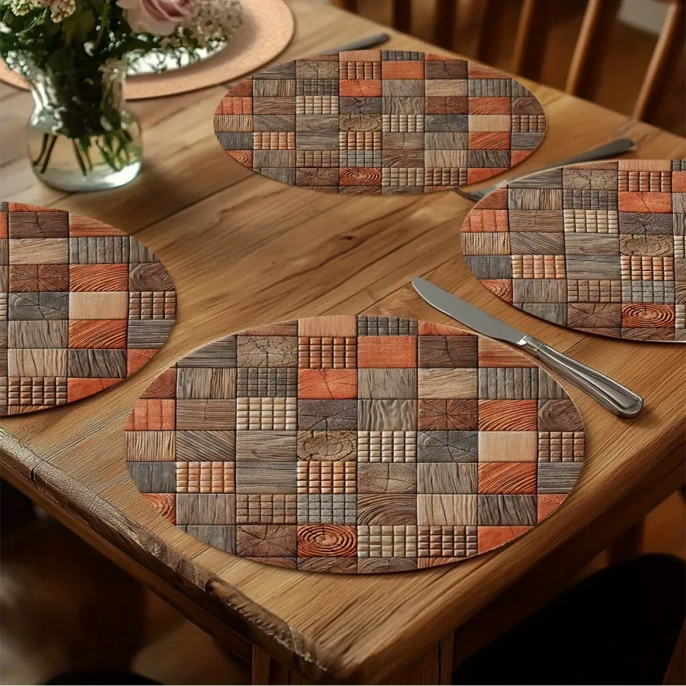 VIKAMA Round Placemat 4-Piece Set Vintage Mosaic Wood Grain Table Mat Oil-Resistant & Durable Rustic Farmhouse Coffee Coaster