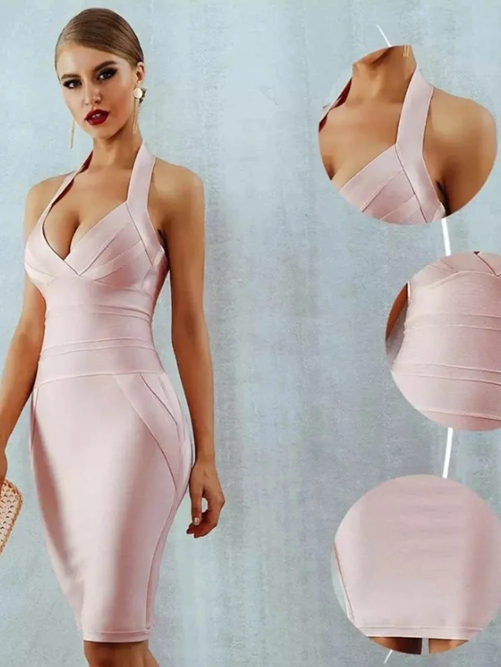 New women's fashionable neck hanging sexy suspender backless tight bandage dress 2024 elegant hip hugging dress