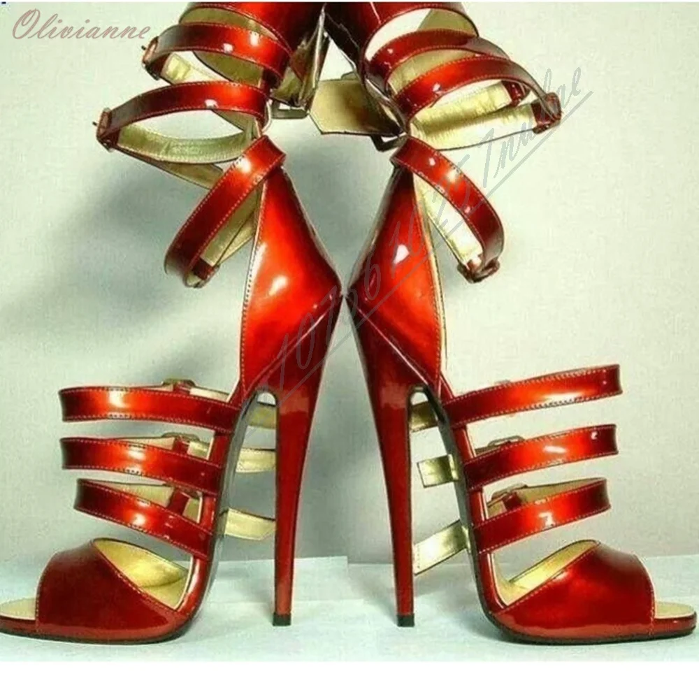 Bright Red Multi Belts Hollow Sandals Women Patent Leather Open Toe Ankle Strap Buckle Stiletto High Heel Evening Runway Shoes